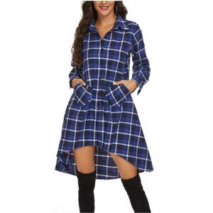 Plaid V Neck Long Sleeve Irregular Hem Casual Shirt Dress Size M